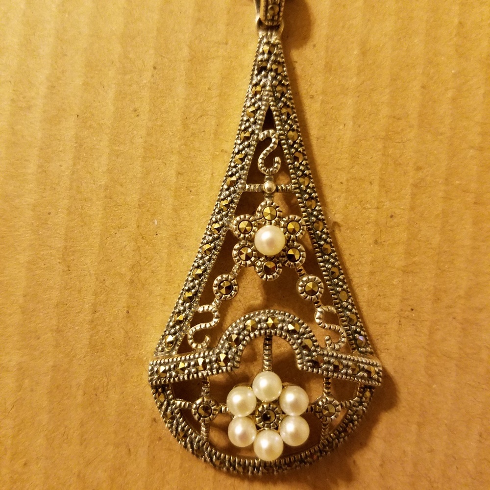 Judith Jack silver marcasite and pearl pendant